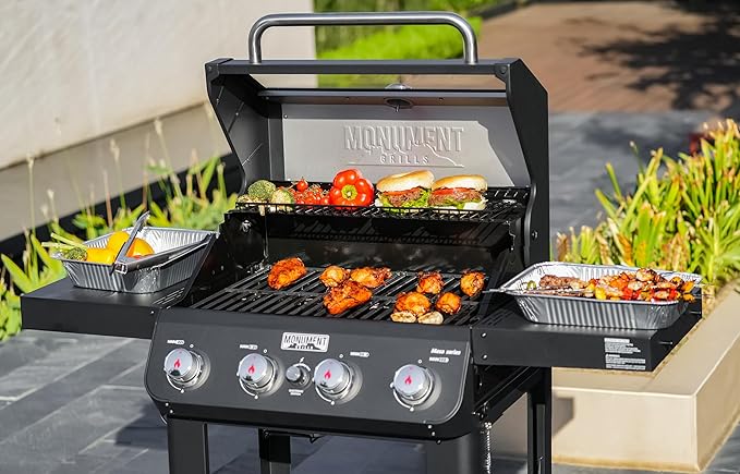 Monument Grills 4-Burner Liquid Propane Gas Grill Matte Black Stainless Steel Burner Grill with Clearview® Lid and One Foldable Shelf for Outdoor Cooking Kitchen Patio Backyard Barbecue Mesa420MF