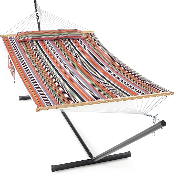 GAFETE 2 Person Hammock with Stand for Outside 12ft Heavy Duty Steel Stand Double Hammocks with Hardwood Spreader Bar Large Removable Pillow Side Pockets Max 475 lbs Capacity (Classic Red)