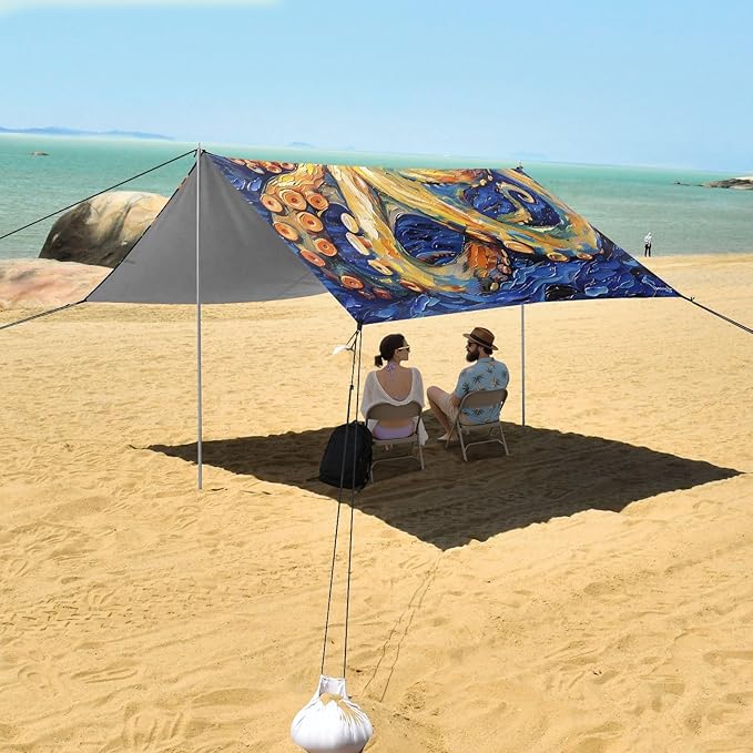 ALAZA Octopus Starry Sky Beach Tent Sun Shelter UPF50+ Protection Beach Shade Canopy w/ 4 Sandbags for Outdoor Camping Fishing Backyard Fun Picnic 10x9 ft