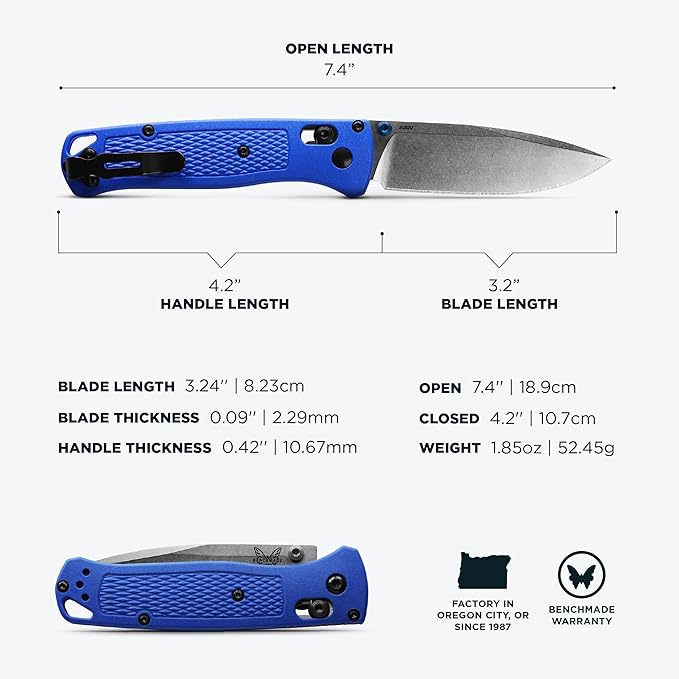 Benchmade - Bugout Outdoor EDC Folding Knife Slim Lightweight Plain Edge Drop-Point Blade CPM-S30V Stainless Steel (58-60HRC) Grivory Handle (535)
