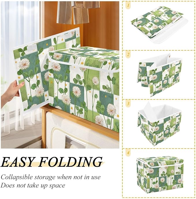 Green Floral Clovers Storage Box with Lid 1 PC Foldable Storage Bin with Lids Stackable Storage Bins Cube Closet Organizer Basket with Flip-Top Lid &amp Handles for Shoes Books Towels