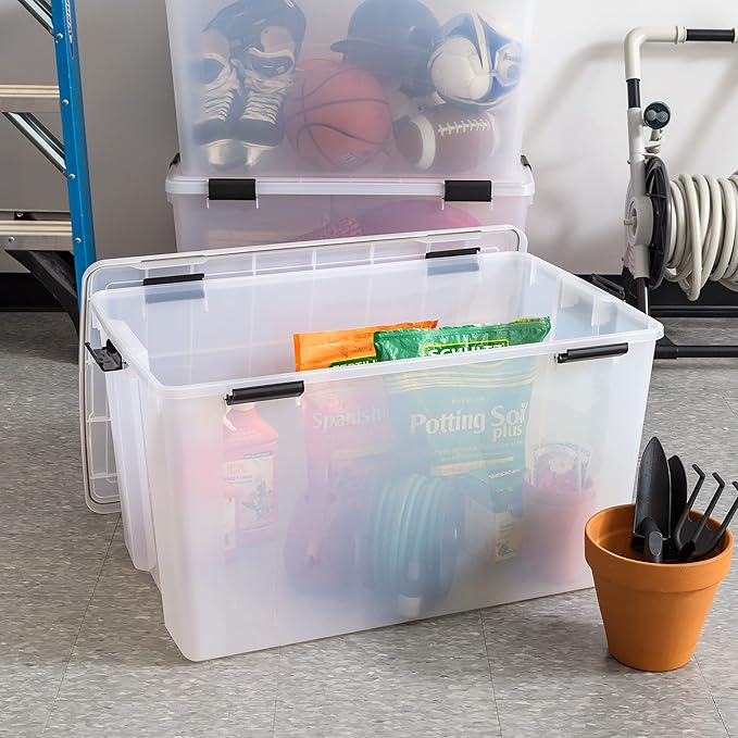 IRIS USA 156 Qt Storage Box with Gasket Seal Lid BPA-Free Made in USA - Heavy Duty Moving Containers with Tight Latch Weather Proof Tote Bin WEATHERPRO - Clear/Black
