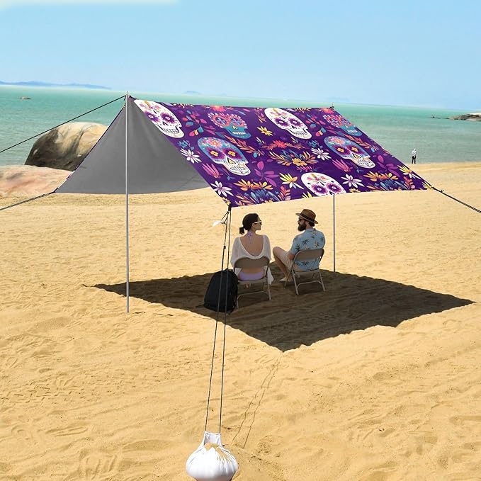 ALAZA Purple Skull Flower Pattern Beach Tent Sun Shelter Portable Canopy Sunshade for Outdoor Camping Picnics Backyard Fun 10x9 ft