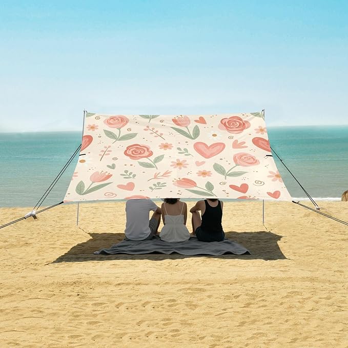 xigua Flowers Beach Tent Sun Shelter with Carrying Bag - Silver Coated Oxford Fabric Beach Canopy for Beach Camping Fishing - Includes Windproof Ropes Sandbags &amp Stakes