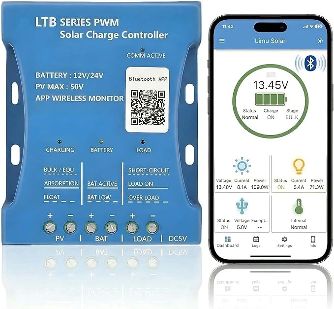 20A Bluetooth Solar Charger Controller 12V/24V Intelligent Regulator Solar Panel Battery Charging Statistics Pwm with USB Port 12V24V Lead-Acid/Lithium Battery