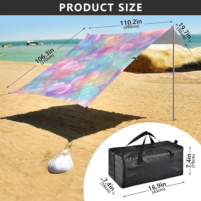 ALAZA Rainbow Heart Bubbles Unicorn Beach Tent Sun Shelter UPF50+ Protection Beach Shade Canopy w/ 4 Sandbags for Outdoor Camping Fishing Backyard Fun Picnic 10x9 ft