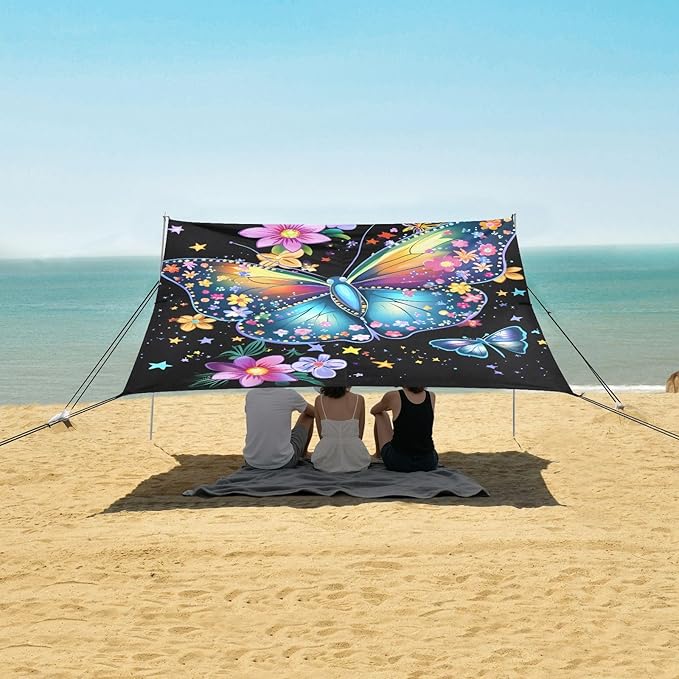 ALAZA Flower Big Butterfly Beach Tent Sun Shelter Portable Canopy Sunshade for Outdoor Camping Picnics Backyard Fun 10x9 ft