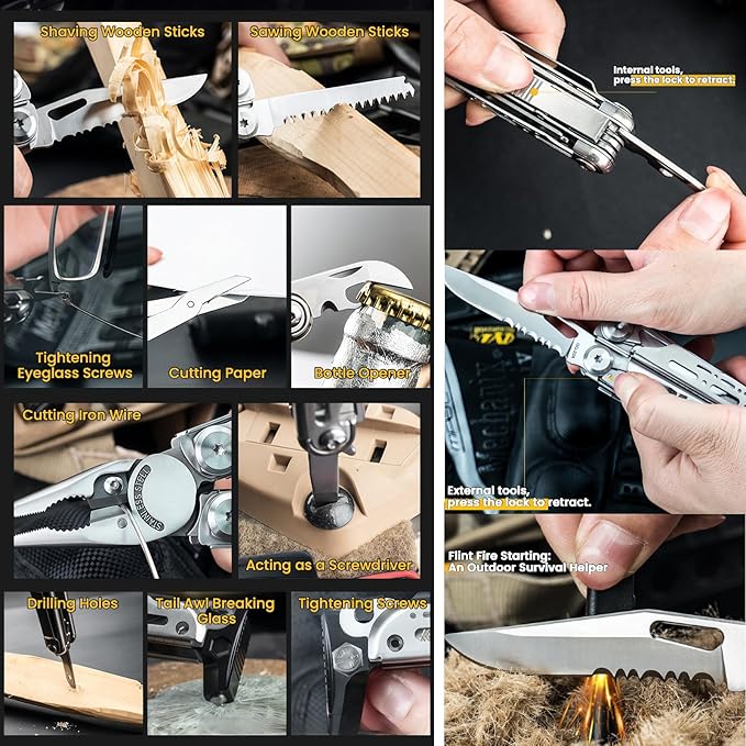 Multitool 15-in-1 Full-Size Lightweight EDC Multi-Purpose Pliers With Safety Locking Nylon Bag Tactical Gear Camping Knives &amp Tools 7CR17 BladeFlint striker Gift Ideas for Men (Black)