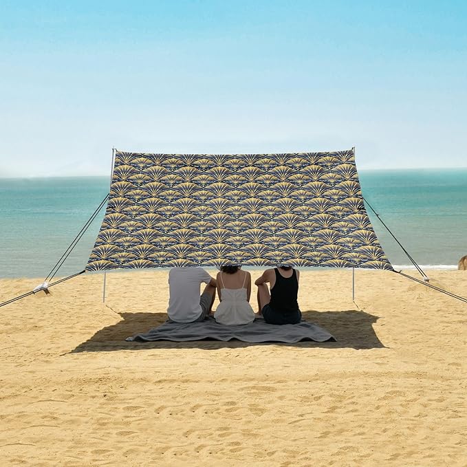 ALAZA Abstract Gold Fan Beach Tent Sun Shelter UPF50+ Protection Beach Shade Canopy w/ 4 Sandbags for Outdoor Camping Fishing Backyard Fun Picnic 10x9 ft