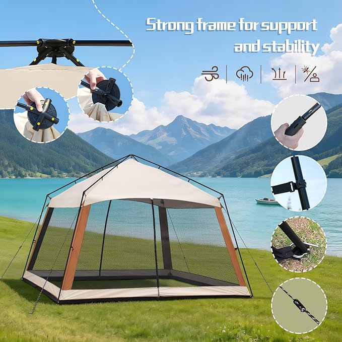 12 x 12 FT Camping Screen Tent for 8-10 Person Easy Setup Screen House with UV 50+ Sun Protection &amp Mosquito Net for Camping Backyard Picnic Patio Outdoor Beige &amp Brown