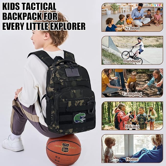 Kids Tactical Backpack Army Molle Bookbag Military Boys Backpack for School Outdoor Camping (Includes 2 Patches+1Carabiner) Black CM
