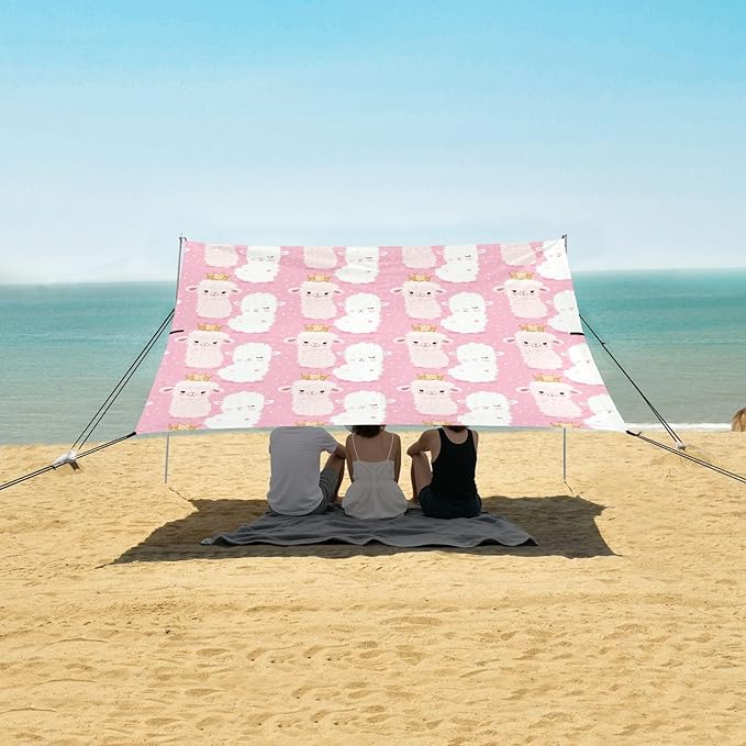 ALAZA Llama Princess Alpaca Beach Tent Sun Shelter UPF50+ Protection Beach Shade Canopy w/ 4 Sandbags for Outdoor Camping Fishing Backyard Fun Picnic 10x9 ft