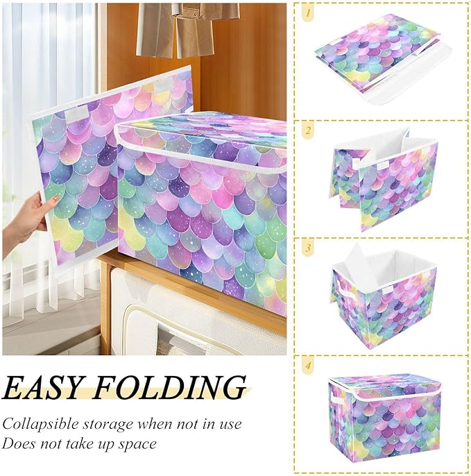 Collapsible Storage Bins with Lids Decorative Fabric Storage Cubes Closet Organizer and Storage Basket Boxes Containers for Clothes Box Chest Nursery Folding Rectangle Purple Mermaid Scale