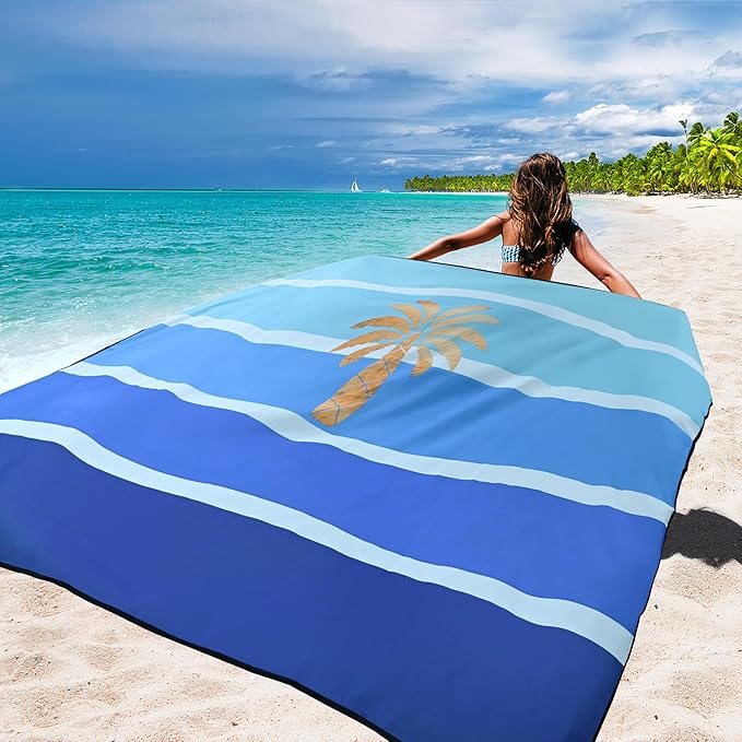WIWIGO Beach Blanket Waterproof Sandproof Beach Mat 79 X 83/10'x9'for 2-8 Adults Quick Drying Outdoor Picnic Mat Beach Accessories for Travel Camping Hiking