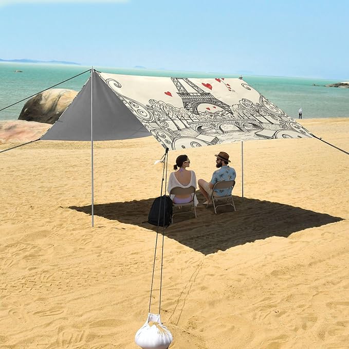 Eiffel Tower Beach Canopy Sun Shelter with Sandbags &amp Sand Shovel &amp Windproof Ropes - Portable 110x126 Beach Shade Beach Tent for Camping Picnics