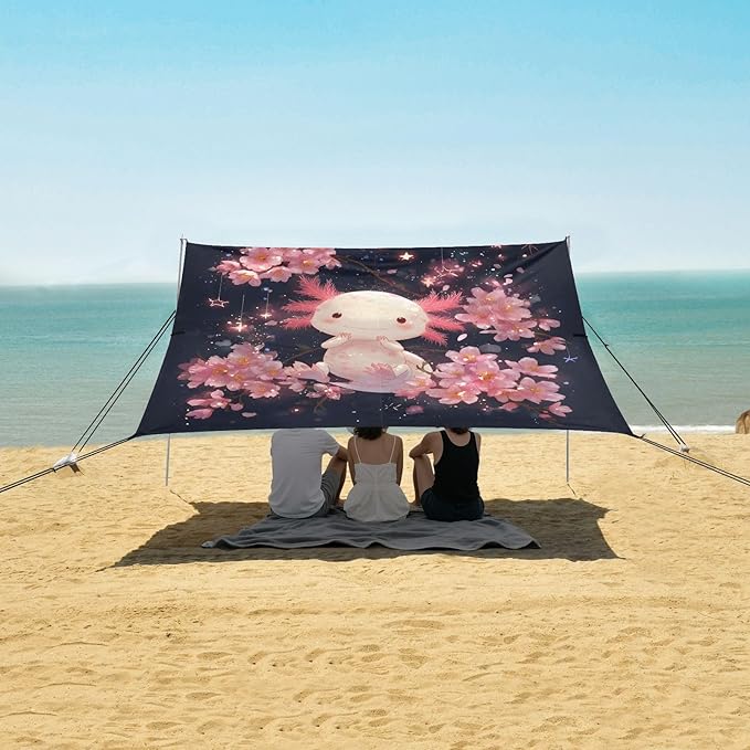 ALAZA Axolotl Cherry Blossom Beach Tent Sun Shelter UPF50+ Protection Beach Shade Canopy w/ 4 Sandbags for Outdoor Camping Fishing Backyard Fun Picnic 10x9 ft
