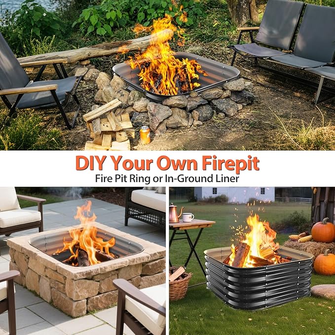 16.5''Tall Fire Pit Ring for Outside - 27IN Heavy Duty Square Wood Burning Firepit &ampOutdoor FireplacesHigh Heat ResistantGalvanized Steel Metal Bonfire Pits Portable for CampingBackyardBeachP