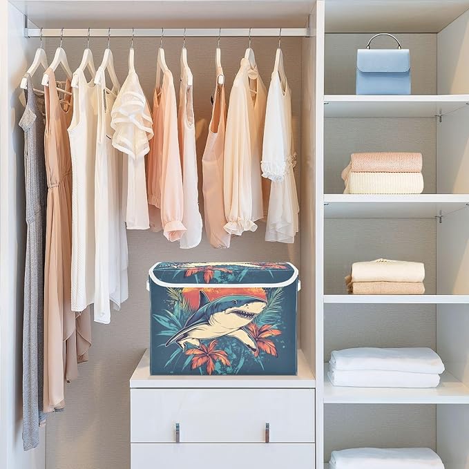 Tropical Fish Floral Storage Cube Bins Basket with Lid Collapsible Flip-top Fabric with Handle for Home Bedroom Closet Office 16.5×12.6×11.8 in