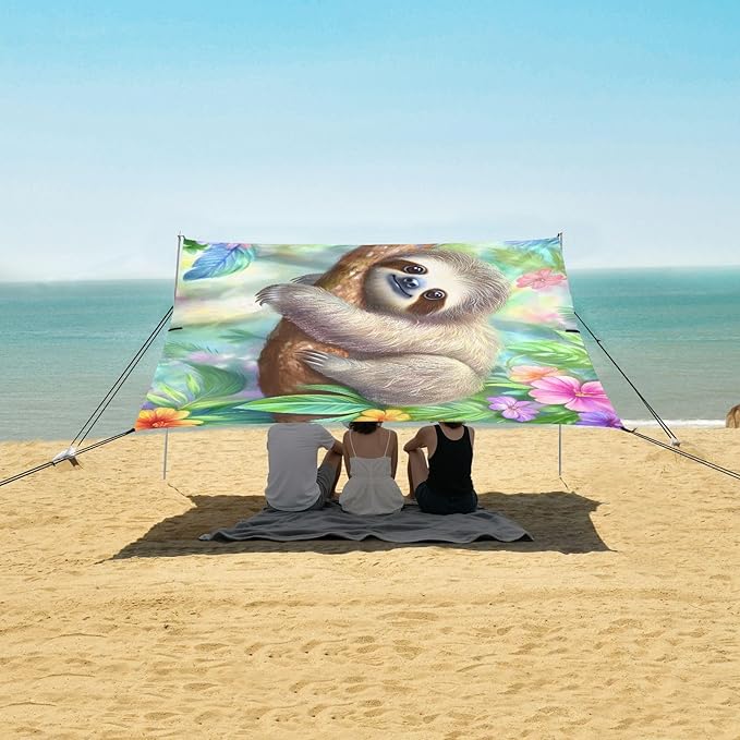 ALAZA Cute Sloth Animal Beach Tent Sun Shelter UPF50+ Protection Beach Shade Canopy w/ 4 Sandbags for Outdoor Camping Fishing Backyard Fun Picnic 10x9 ft