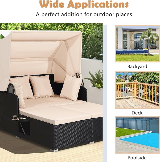 Tangkula Patio Rattan Daybed with Retractable Canopy Outdoor Wicker Sunbed Lounger with 2 Foldable Side Tables Thick Seat &amp Back Cushions Outside Double Daybed for Garden Backyard Porch