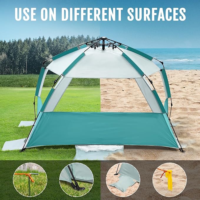 WhiteFang Deluxe Pop Up Beach Tent Sun Shade Shelter for 3-4/5-6 Person UV Protection Extendable Floor with 3 Ventilating Windows Plus Carrying Bag Stakes and Guy Lines