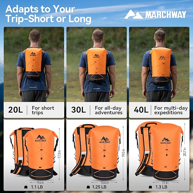MARCHWAY Floating Roll Top Dry Bag Flexible Lightweight TPU Waterproof Backpack 20L/30L/40L with Padded Straps for Boating Kayaking Swimming Hiking Beach (Orange 40L)