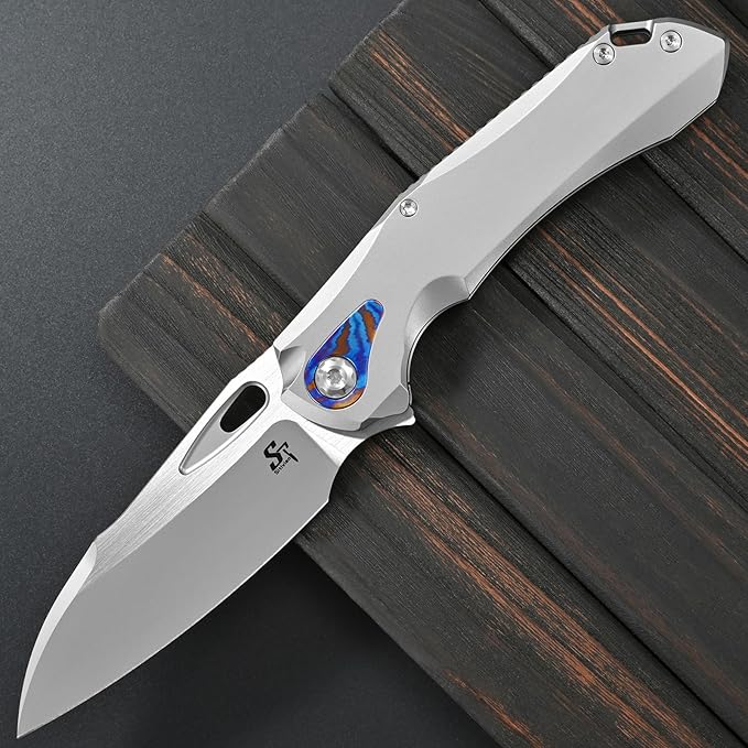 Sitivien ST276 Folding Knife M390 Steel Blade Titanium and Timascus Inlaid Handle Knife with Safety Lock Frame Lock for Outdoor Camping Hiking Survival