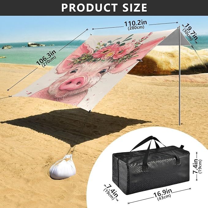 ALAZA Vintage Cartton Cute Pig Flower Beach Tent Sun Shelter Portable Canopy Sunshade for Outdoor Camping Picnics Backyard Fun 10x9 ft