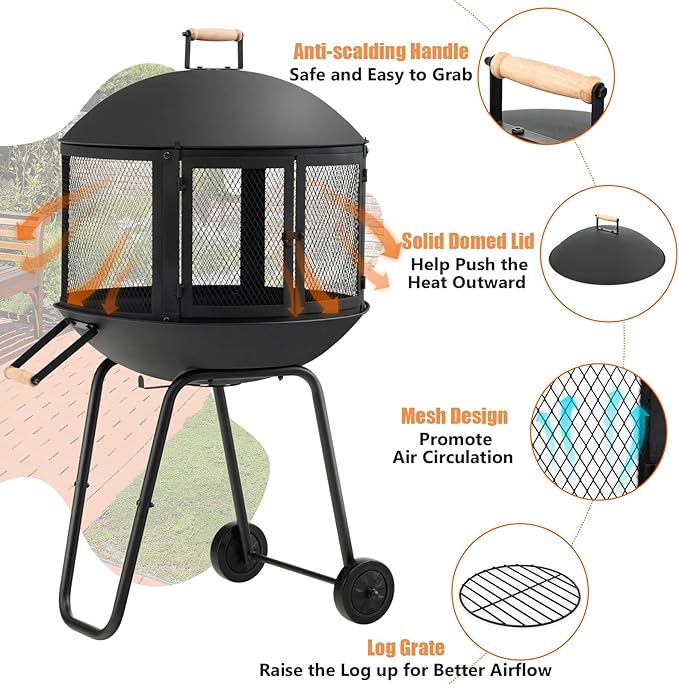 Tangkula Portable Fire Pit with Wheels 28 Inch Wood Burning Fire Pit with Log Grate Poker Rolling Patio Fireplace Wooden Bonfire Firepit for Outdoor Entertaining Black