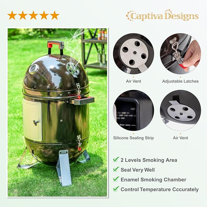 Captiva Designs 18-inch Vertical Charcoal Smoker Grill with Porcelain-Enameled Smoking Chamber Wood Mountain Smoker for Meat Turkey and BBQ with Built-in Thermometer