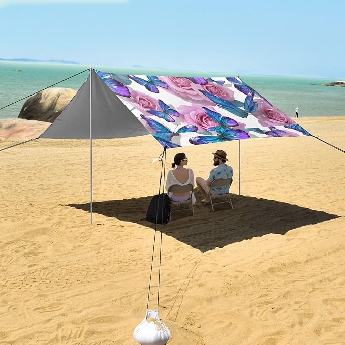 ALAZA Purple Butterflies Rose Flowers Beach Tent Sun Shelter UPF50+ Protection Beach Shade Canopy w/ 4 Sandbags for Outdoor Camping Fishing Backyard Fun Picnic 10x9 ft