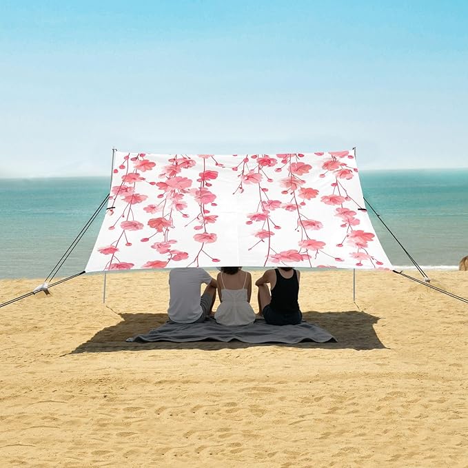 ALAZA Pink Cherry Blossom Flowers Beach Tent Sun Shelter UPF50+ Protection Beach Shade Canopy w/ 4 Sandbags for Outdoor Camping Fishing Backyard Fun Picnic 10x9 ft
