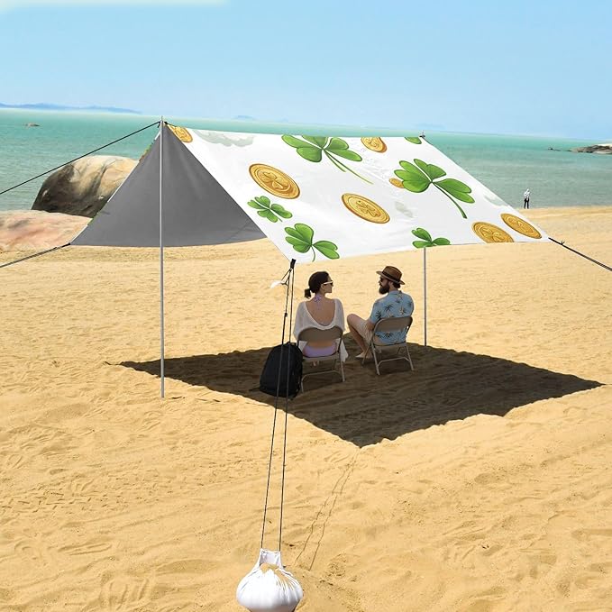 ALAZA St Patrick Day Clover Rainbow Clound Coins Beach Tent Sun Shelter Portable Canopy Sunshade for Outdoor Camping Picnics Backyard Fun 10x9 ft