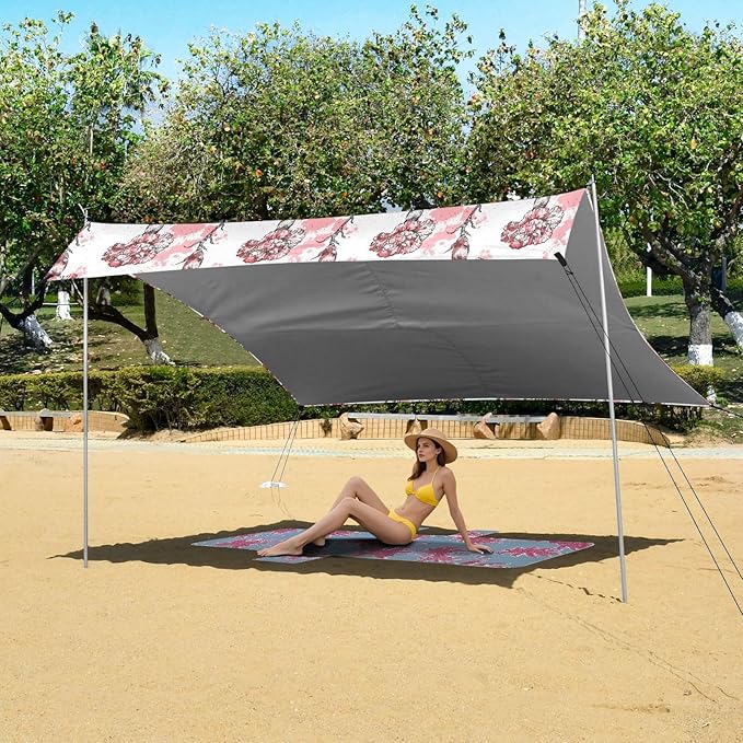 ALAZA Red Carnation Flower Art Beach Tent Sun Shelter UPF50+ Protection Beach Shade Canopy w/ 4 Sandbags for Outdoor Camping Fishing Backyard Fun Picnic 10x9 ft