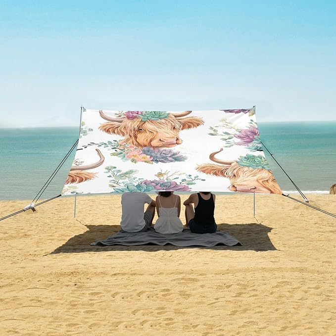 ALAZA Highland Cattle Succulent Pattern Beach Tent Sun Shelter Portable Canopy Sunshade for Outdoor Camping Picnics Backyard Fun 10x9 ft
