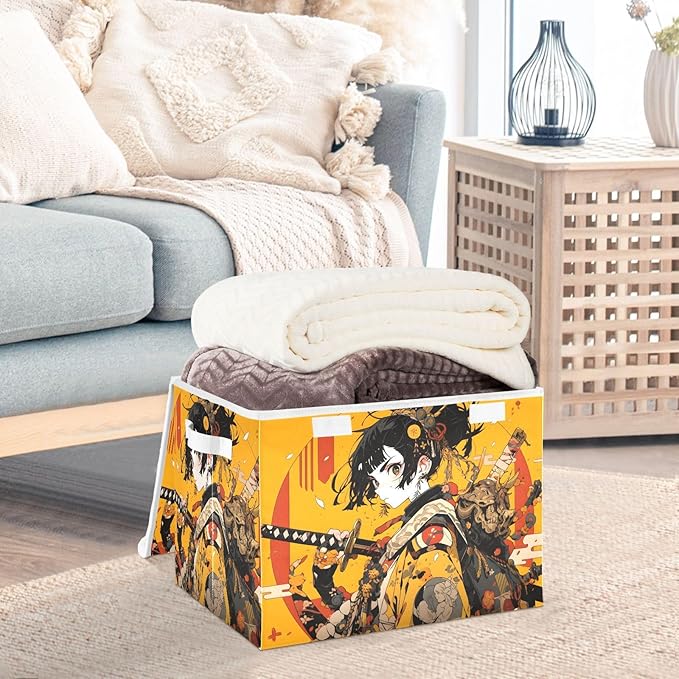 Anime Samurai Yellow Storage Cube Bins Basket with Lid Collapsible Flip-top Fabric with Handle for Home Bedroom Closet Office 16.5×12.6×11.8 in