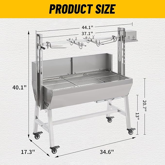 132LBS Rotisserie Grill with Hooded Cover 25W Motor BBQ Lamb Pig Grill Roaster Rotisserie 35 Stainless Steel Charcoal Grills for Camping Outdoor Barbecue