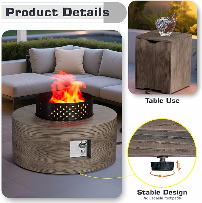 2-Piece 30 Round Propane Fire Pit for Outside Patio with Hidden Tank Table 50000 BTU Fireplaces with Wind Guard Lid Glass Rocks Cover(Wood Grain Walnut)