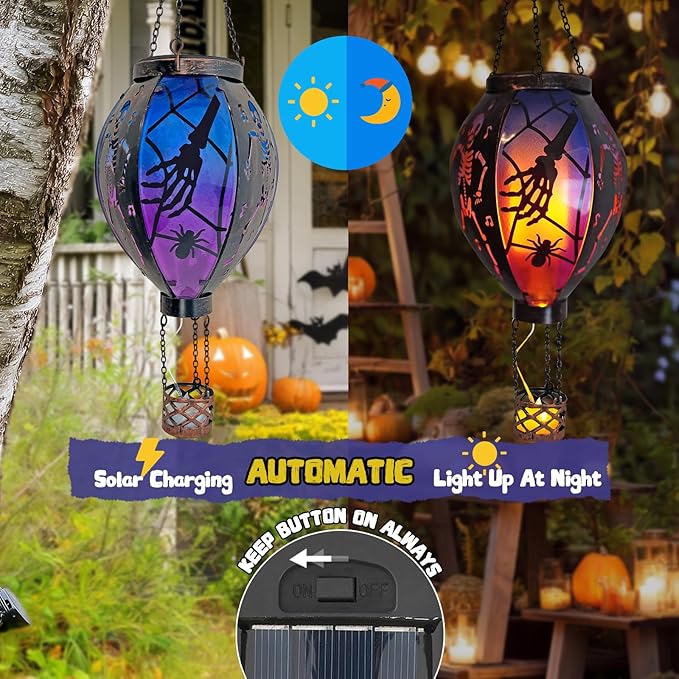 Halloween Outdoor Decorations Hot Air Balloon Solar Lantern with Flickering Flame Hanging Outdoor Lanterns with Skull Pattern Hollowed-Out Design Halloween Party Decor for Garden Patio (Halloween)