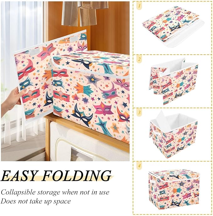 Storage Baskets with Lids Colorful Mask Mardi Gras Collapsible Bins Stackable Fabric Linen Baskets Closet Organizer Container 16.5x12.6x11.8