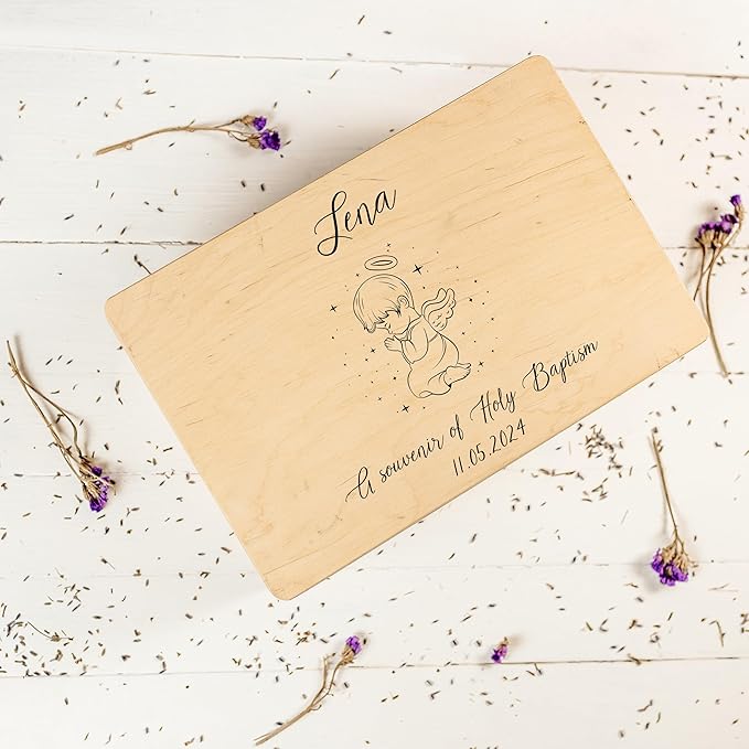 Creative Deco Personalized Wooden Storage Box Baptism Box | 11.8 x 7.87 x 5.51 in (+-0.5) | Candle | Hinged Lid Handles Engraving | Unpainted Gift Box | Rough UNSANDED Keepsake Souvenir Chest