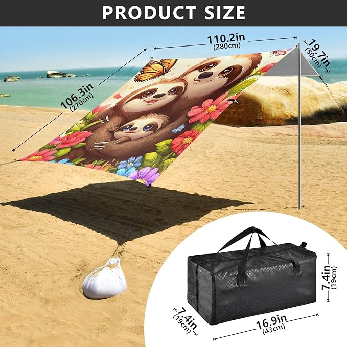 ALAZA Threes Sloths Butterfly Flower Beach Tent Sun Shelter Portable Canopy Sunshade for Outdoor Camping Picnics Backyard Fun 10x9 ft