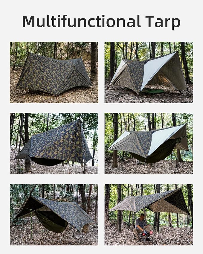 Ultralight Tarp 14ft Hammock Rain Fly Lightweight Waterproof Camping Tent Tarp with Doors Bushcraft Tarp Shelter for Backpacking Hiking Camping