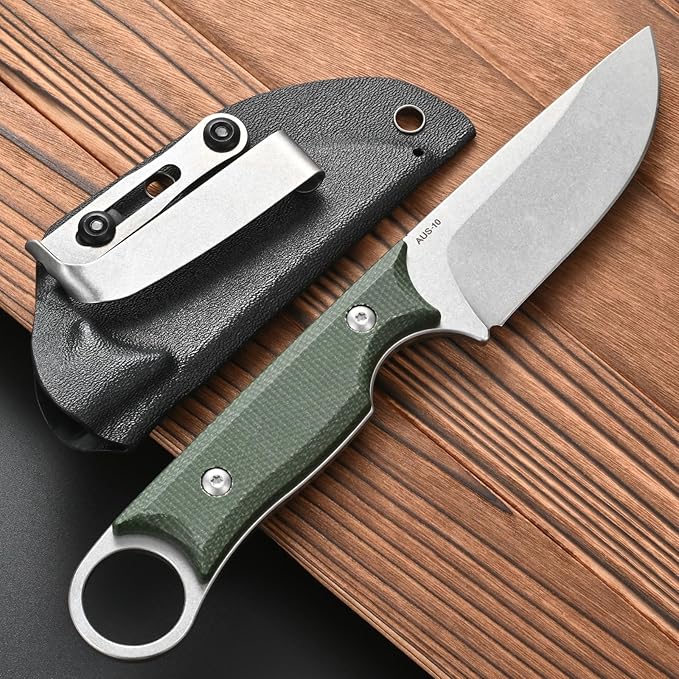 FF103 Fixed Blade KnifeAUS-10 steel Blade Micarta Handle Full Tang Knife for Outdoor Camping Hunting Fishing Working(Green)