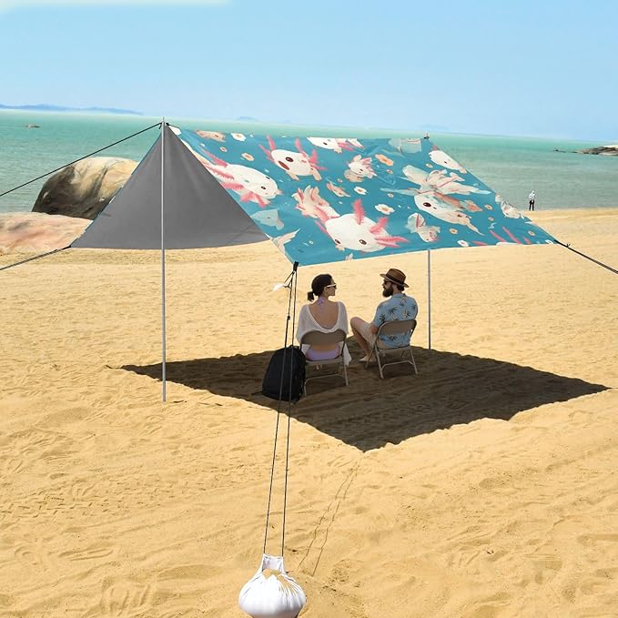 Lovely Axolotl Pattern Beach Tent UPF50+ Waterproof Shade Sun Shelter with Sandbags and Shovel for Camping Picnics Backyard