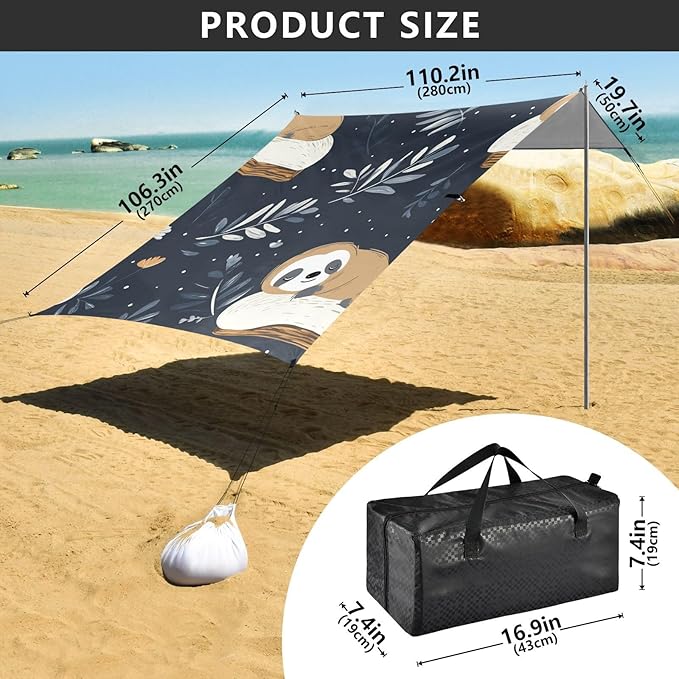 ALAZA Cute Sloth Sleeping on A Pillow Beach Tent Sun Shelter Portable Canopy Sunshade for Outdoor Camping Picnics Backyard Fun 10x9 ft