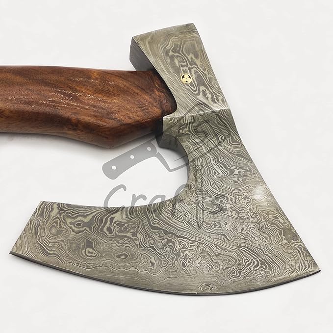 AXE002 FS Crafts 9.00 Damascus Fist Axe (Palm-Sized) Custom And Hand Forged Damascus Hunting Viking Axe Beard Axe Hatchet Wood Handle With Leather Sheath Everyday Carry Hunting Viking Axe 47 Axe