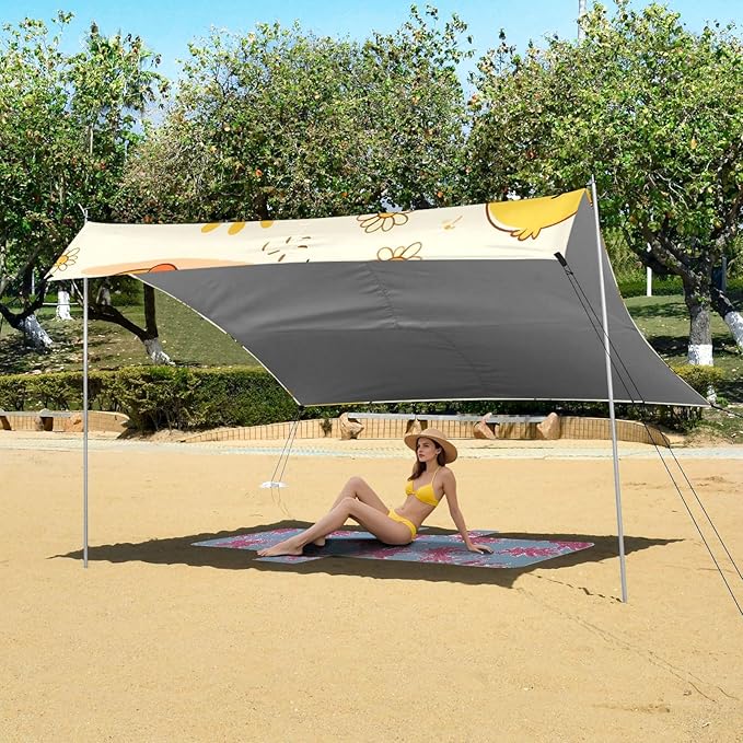 ALAZA Cute Duck Daisy Flower Beach Tent Sun Shelter UPF50+ Protection Beach Shade Canopy w/ 4 Sandbags for Outdoor Camping Fishing Backyard Fun Picnic 10x9 ft