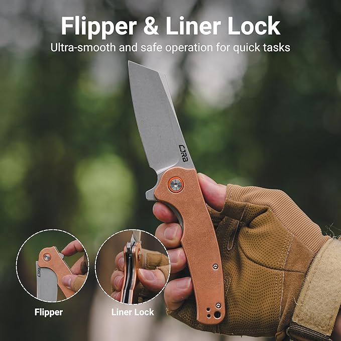 CJRB Crag Folding Pocket Knife 3.43 D2 Steel Blade Copper Handle EDC Knife with Pocket Clip for Men Women Camping Survival Hiking Stone Wash (J1904)