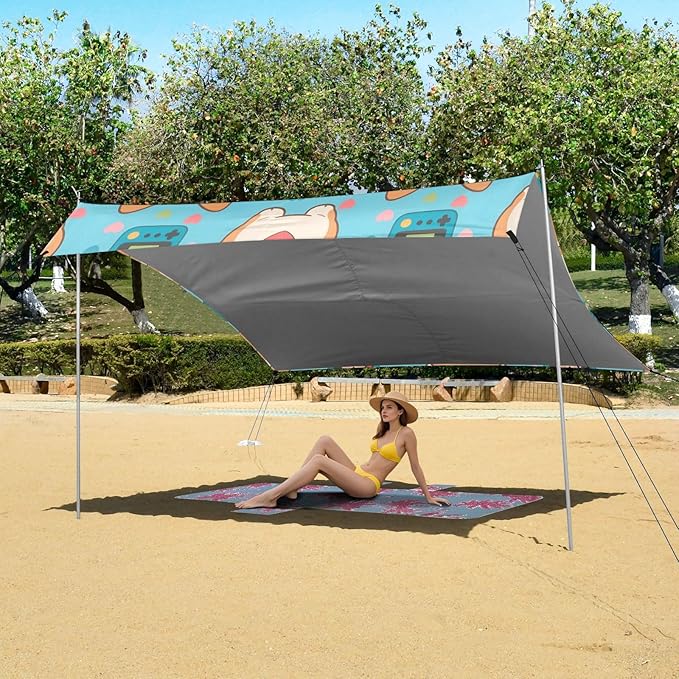 ALAZA Corgi Game Console Pattern Beach Tent Sun Shelter Portable Canopy Sunshade for Outdoor Camping Picnics Backyard Fun 10x9 ft